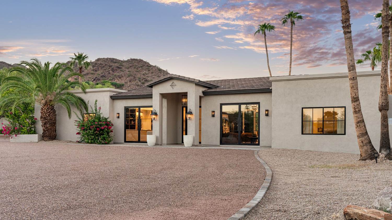 Mountain backdrop at the front entry