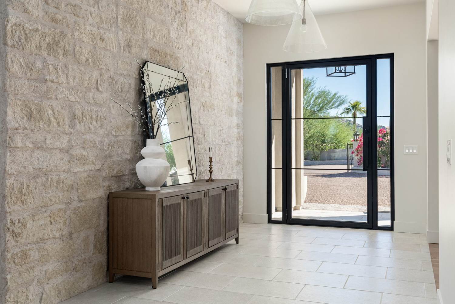 Entry with natural stone wall