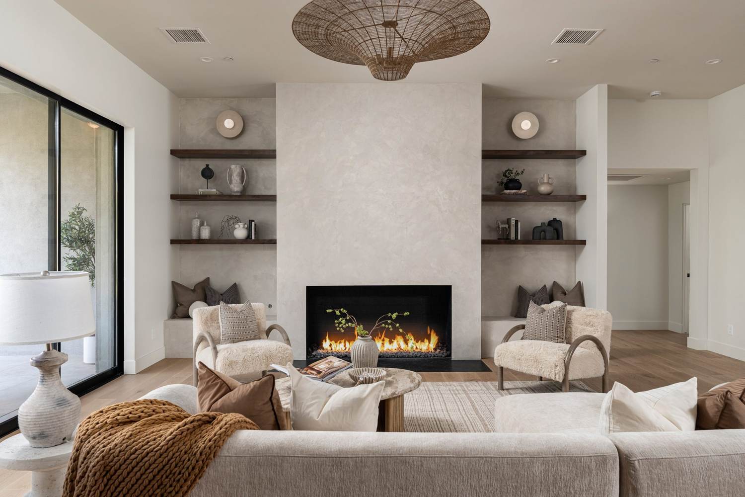 Hand-applied plaster fireplace