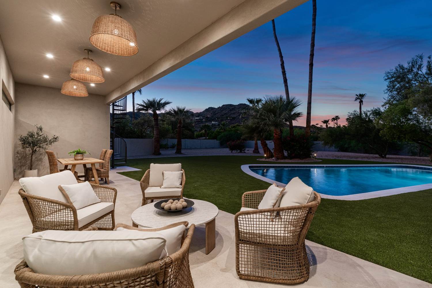 Covered patio at twilight