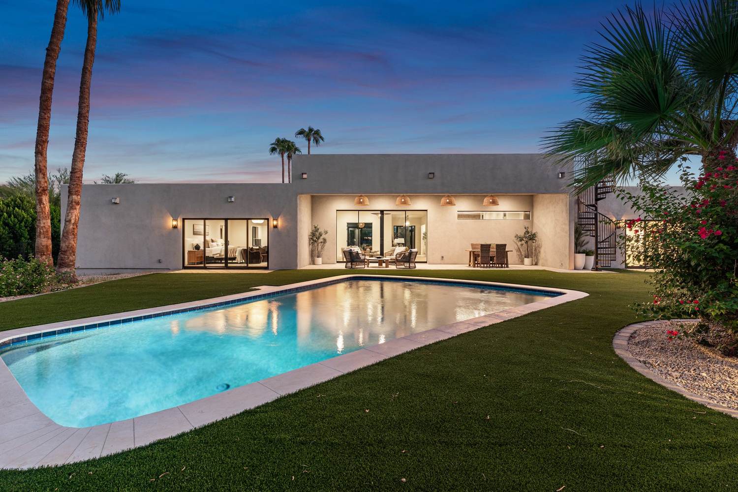 New pool & rear elevation at twilight