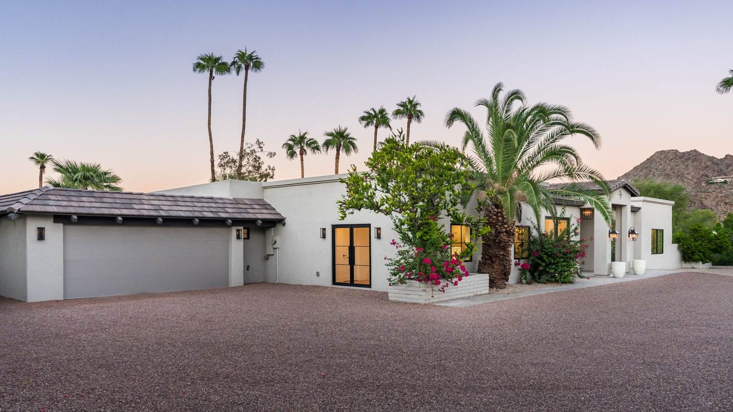 Front elevation at sunset